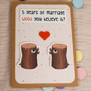 Jahrestag Karte Hochzeitstag 5 Jahre zusammen (hölzerne) - handgemacht - Klappkarte Jubiläumskarte, 5th Jubiläumskarte, Holzjubiläum