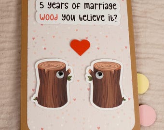 Jahrestag Karte Hochzeitstag 5 Jahre zusammen (hölzerne) - handgemacht - Klappkarte Jubiläumskarte, 5th Jubiläumskarte, Holzjubiläum