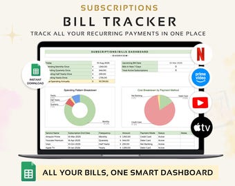 Subscription Tracker, Google Sheets Template, Monthly Recurring Bill Manager, Membership Tracker Log