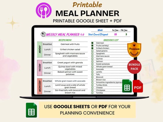 Printable Meal Plan PDF, Weekly Meal Prep Planner, Digital Grocery List, Google Sheets