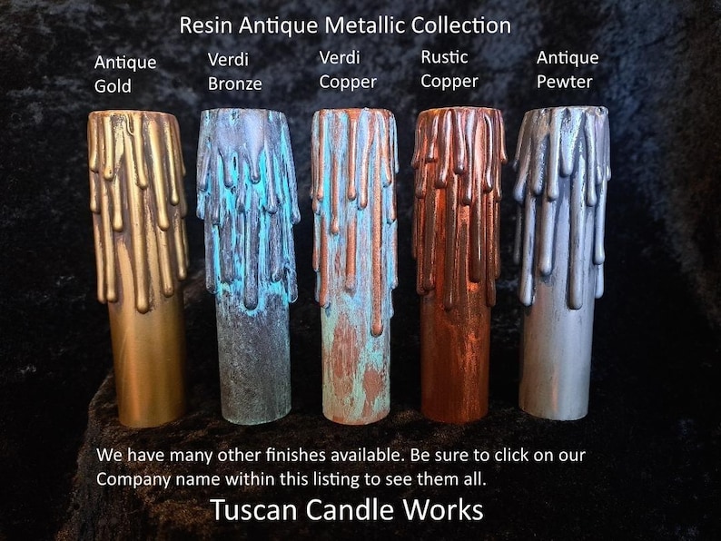 May include: Five resin candle pillars in different antique metallic finishes: antique gold, verdi bronze, verdi copper, rustic copper, and antique pewter.  Resin Antique Metallic Collection. Tuscan Candle Works.