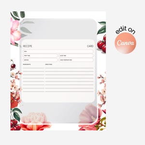 Modèle de carte de recette modifiable | Lien Canva | Cuisine numérique florale avec effet verre | Carte de recette imprimable 4:5 | Recette esthétique