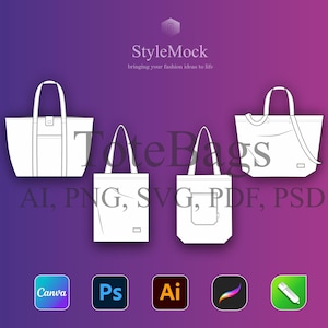 May include: A digital illustration showcasing four different tote bag designs in white against a gradient purple and pink background. The text "Tote Bags" and "StyleMock" are visible, along with icons for design software and file types.