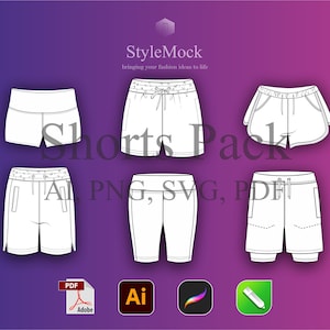 May include: A set of five different styles of shorts, all in black and white line art. The shorts are shown on a purple gradient background. The text "Shorts Pack" is written in large, bold letters across the middle of the image. The text "AI, PNG, SVG, PDF" is written below the shorts. The text "StyleMock" is written in the top left corner of the image. The text "bringing your fashion ideas to life" is written below "StyleMock".