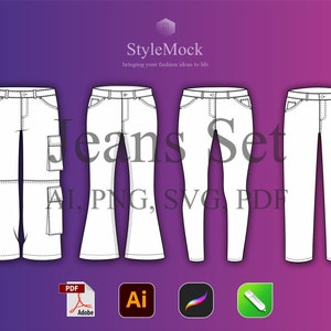 Jeans Set Vector Mockups - Illustrator Template Denim Vector Procreate Template Streetwear Vector Clothing Fashion Flat drawings Jeans SVG