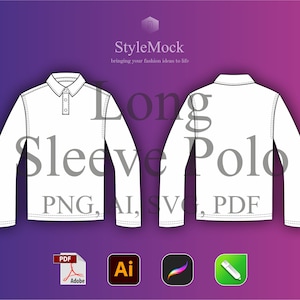 Long sleeve Polo Vector Mockup - Illustrator Template Streetwear Procreate Template Vector Flat drawings