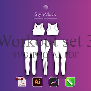 Puede incluir: Un conjunto de entrenamiento blanco con sujetador deportivo y leggings. El conjunto se muestra en un estilo plano con el texto "Workout set 3" y "SVG, PNG, AI, PDF".