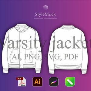 May include: A white outline of a varsity jacket with a button closure, two pockets, and a ribbed collar and cuffs. The text "Varsity Jacket" is written in gray above the jacket and "AI, PNG, SVG, PDF" is written in gray below the jacket.