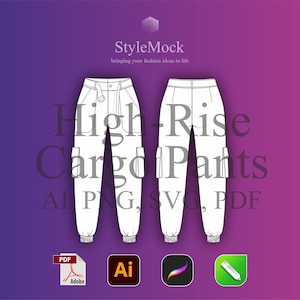 High-Rise Cargo Pants Mockup - Vector Template Illustrator Mockup Procreate Clothing Design Flat Drawing Clothing Brand Sketches Procreate