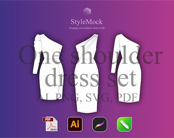 Maqueta vectorial de vestido de un solo hombro: dibujos planos de moda (ai, svg, png, pdf)