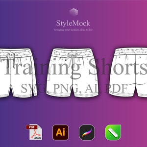 Könnte beinhalten: Eine digitale Illustration von drei weißen Trainingshosen mit einem Kordelzug in der Taille. Die Hosen sind in Vorder-, Seiten- und Rückansicht dargestellt. Der Text "Training Shorts" ist in großen Buchstaben in der Mitte des Bildes geschrieben. Der Text "SVG, PNG, AI, PDF" ist unter den Hosen geschrieben.