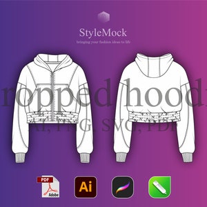 Crop Zip up Hoodie Vector Mockup - Illustrator Template Streetwear Hoodie Sketch AI Procreate Template Vector Clothing Fashion Flat drawings