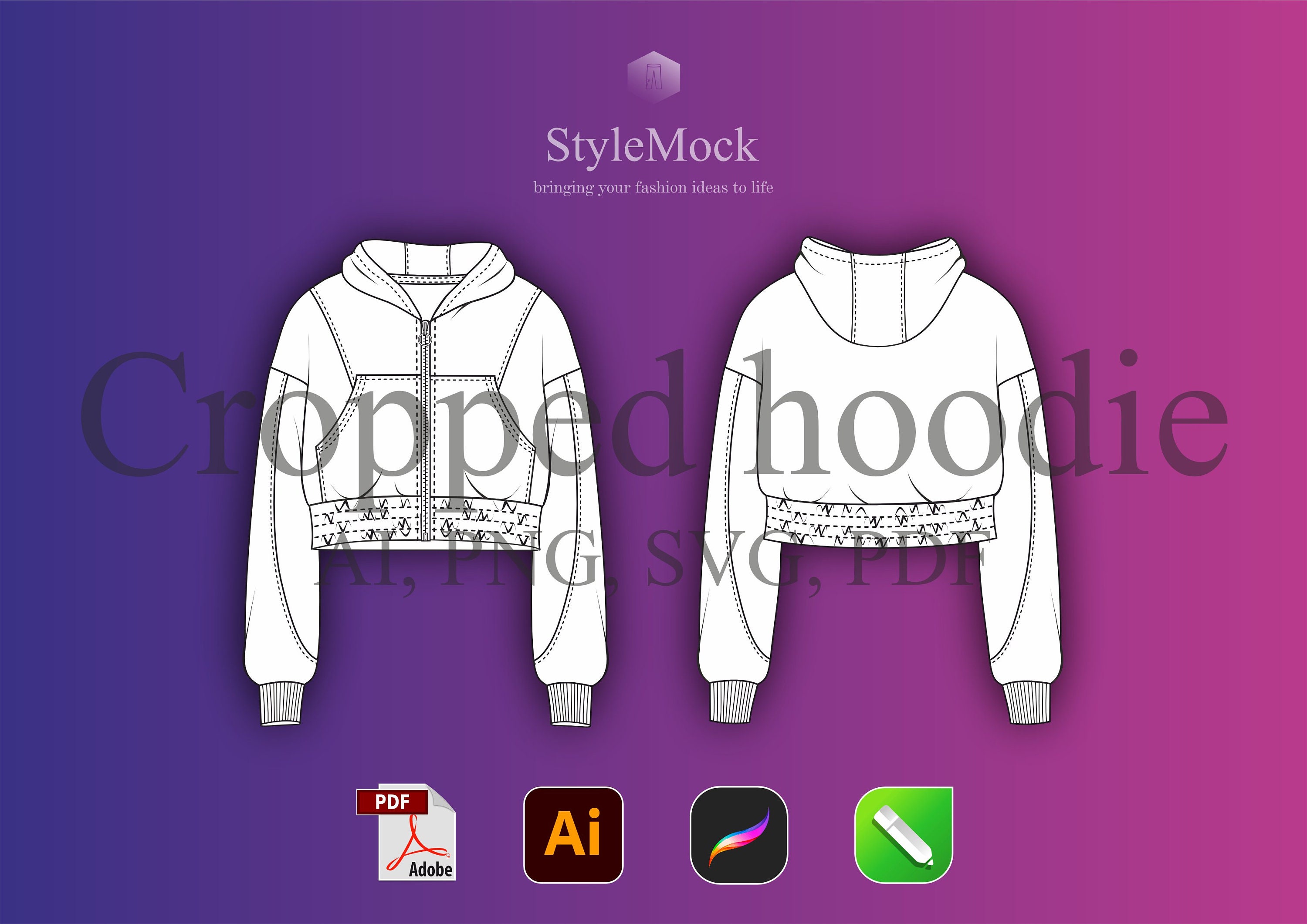 Crop Zip up Hoodie Vector Mockup Illustrator Template Streetwear Hoodie Sketch AI Procreate Template Vector Clothing Fashion Flat Drawings Etsy