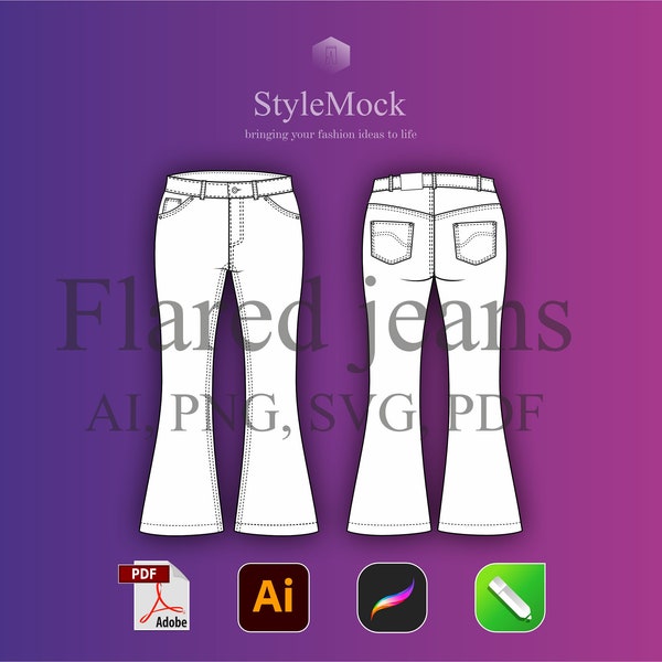 Flared Jeans Vector Mockup - Illustrator Template Denim Vector Procreate Template Streetwear Vector Clothing Fashion Flat drawings Jeans SVG