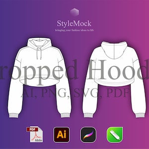 Crop Hoodie Mockup - Illustrator Vorlage Vektor Mockup Procreate Vorlage PNG Streetwear Vektor Kleidung Mode Flachzeichnungen AI SVG