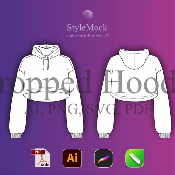 Crop Hoodie Mockup - Illustrator Template Vector Mockup Procreate Template PNG Streetwear Vector Clothing Fashion Flat drawings AI SVG