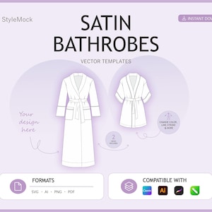 Satin Bathrobes Vector Mockup – Fashion Flat Drawings, Loungewear Tech Sketch (ai, png, svg, pdf)
