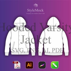 May include: A white hooded varsity jacket with a button-up front and ribbed cuffs and hem. The jacket is shown in a flat lay mockup.