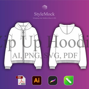 May include: A white zip-up hoodie with a drawstring hood. The hoodie has a front zipper and ribbed cuffs and hem. The text "Zip Up Hoodie" and "AI, PNG, SVG, PDF" is printed below the image.