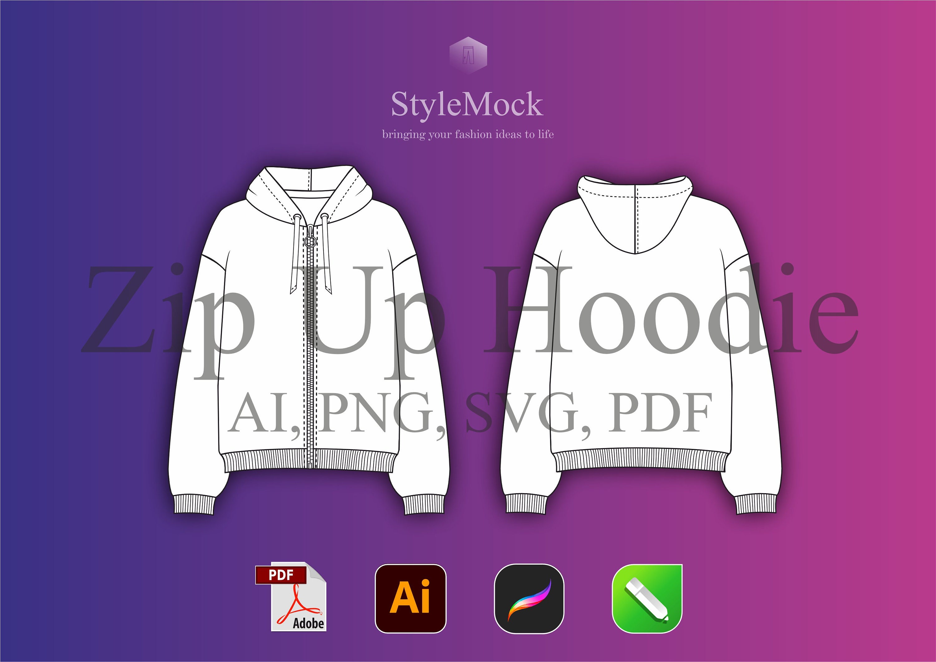 Zip up Hoodie Vector Mockup - Illustrator Template Streetwear Vector Hoodie Sketch Procreate Template Vector Clothing Fashion Flat drawings