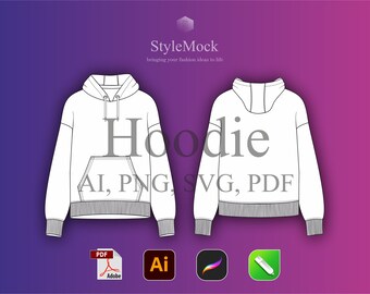 Hoodie Vector Mockup - Flat Sketch Kangaroo pocket AI, Sportswear template, Streetwear Mockup Technical Drawing