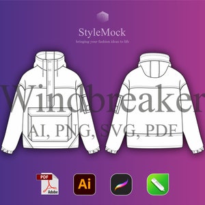 May include: Line drawing of a hooded windbreaker jacket with a zipper and pockets. The jacket is shown from the front and back. The text "Windbreaker" is written in large letters across the image. The text "AI, PNG, SVG, PDF" is written below the jacket. The text "StyleMock" is written at the top of the image.