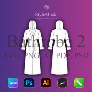 May include: A white line drawing of a hooded bathrobe shown from the front and back views. The text StyleMock, Bathrobe 2, SVG, PNG, AI, PDF, PSD is visible. Five colorful square icons representing software applications are displayed below the robe.