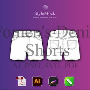 Denim Shorts Vector Mockup - Illustrator Template Denim Vector Sketch Procreate Template Streetwear Vector Clothing Fashion Flat drawings