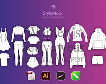 Puede incluir: Un conjunto de 10 ilustraciones de moda de diseños de ropa deportiva para mujeres. Los diseños incluyen un vestido, un top corto, leggings, pantalones cortos, una camiseta, un top de tirantes, pantalones, una chaqueta y una sudadera con capucha. Las ilustraciones están en blanco y negro y se encuentran sobre un fondo degradado morado. El texto "Ropa deportiva para mujeres AI, PNG, SVG, PDF" también está incluido en la imagen.