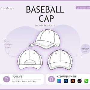 Maquette plate de casquette de baseball - Modèle vectoriel pour la conception de mode, croquis technique de chapeau, maquette Illustrator de couvre-chefs
