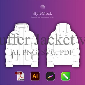 Puffer Jacket Vector Mockup - Illustrator Template Streetwear Vector Procreate Template Vector Clothing Fashion Flat drawings AI Outwear SVG