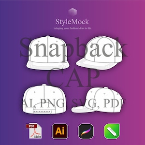 May include: A black and white line drawing of a snapback cap, shown from four different angles. The text "Snapback CAP" is written in large letters above the cap images. The text "AI, PNG SVG, PDF" is written below the cap images. The text "StyleMock bringing your fashion ideas to life" is written at the top of the image.