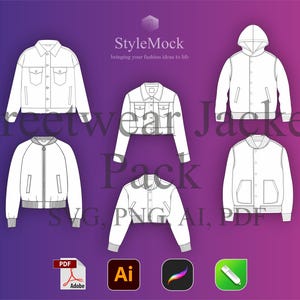 May include: Digital illustration of a streetwear jackets pack. The image displays several jacket designs, including a hooded jacket, a bomber jacket, and a cropped denim jacket. The text "Streetwear Jackets Pack" is visible, alongside file type icons for digital formats.