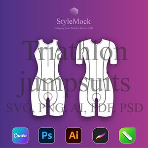 Könnte beinhalten: Zwei weiße Triathlon-Jumpsuit-Designs vor einem violett-rosa Farbverlauf. Der Text "Triathlon Jumpsuits" ist auf dem Bild zu sehen. Das Bild enthält auch den Text "SVG, PNG, AI, PDF, PSD" und Symbole für Designsoftware.