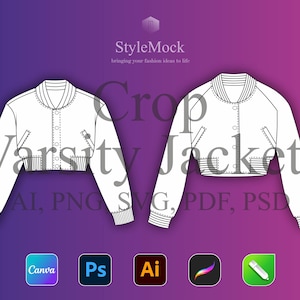 Crop Varsity Jacket Vector Mockups – Streetwear Fashion Flat Drawings, Tech Pack Sketch, Canva Varsity Template (ai, svg, png, pdf, psd)