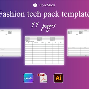 Può includere: Modello di fashion tech pack con il testo "Fashion tech pack template" e "11 pages". L'immagine include tre modelli bianchi e icone per Canva, PDF e Adobe Illustrator.