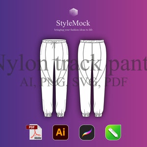 May include: White nylon track pants design with a drawstring waist, shown in front and back views. The image includes the text "Nylon track pants" and file type icons for AI, PNG, SVG, and PDF formats. The background is a gradient of purple and pink.