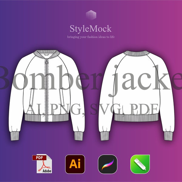 Bomber Jacket Mockup - Illustrator Template Vector Mockup Procreate Template PNG Streetwear Vector Clothing Fashion Flat drawings AI SVG