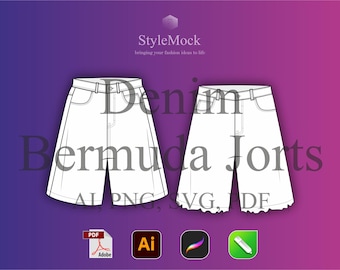Denim Bermuda Jorts Vector Mockup – Fashion Flat Drawings (svg, png, ai, pdf)