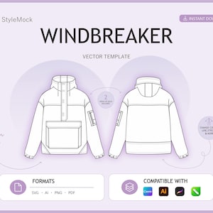 Windbreaker Jacket Vector Mockup - Sportswear Fashion Flat Drawings,  (ai, svg, png, pdf)