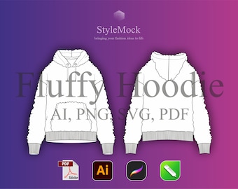 Fluffy Hoodie Mockup - Vector Illustrator Template Mockup Streetwear Procreate Template Vector Flat drawings