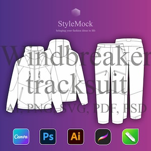 Windjacke Trainingsanzug Vektor Mockup - Mode Flache Zeichnungen, Canva Vorlage Illustrator Technische Skizze (SVG, PNG, PSD)