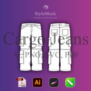 Cargo Jeans Vector Mockup - Illustrator Template Denim Vector Procreate Template Streetwear Vector Clothing Fashion Flat drawings Jeans SVG