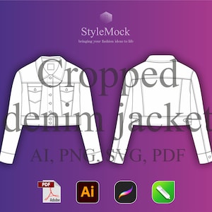 Cropped Denim Jacket Vector Mockup - Illustrator Template Denim Vector Procreate Template Streetwear Vector Clothing Fashion Flat drawings