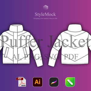 Puffer Jacket Vector Mockup - Illustrator Template Streetwear Vector Procreate Template Vector Clothing Fashion Flat drawings AI Outwear SVG
