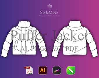 Puffer Jacket Vector Mockup – Fashion Flat Drawings (AI, SVG, PDF)