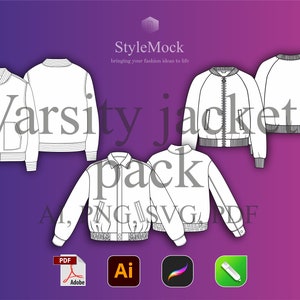Varsity Jacken Vektor Mockup Pack - Illustrator Vorlage Flache Skizze AI, Technische Zeichnung, Streetwear PNG, Vektor-Mode-Illustration