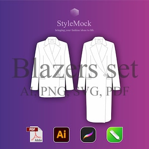 Puede incluir: Un conjunto de dos plantillas de blazer en blanco y negro. Los blazers se muestran en vista frontal. El texto "Blazers set" está escrito en gris sobre un fondo morado. El texto "AI, PNG, SVG, PDF" está escrito en gris debajo de los blazers.