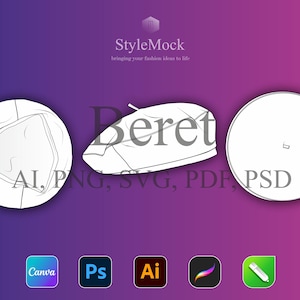 Beret Flat Mockup - Fashion Flat Drawings, Headwear Mockup Canva, Illustrator template, Hat Sketch (ai, svg, png, pdf, psd)