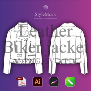 Maquette de veste de motard en cuir - Maquette de vecteur de modèle d'illustrateur, modèle de procréation, croquis de streetwear vectoriel de vêtements de mode dessins plats